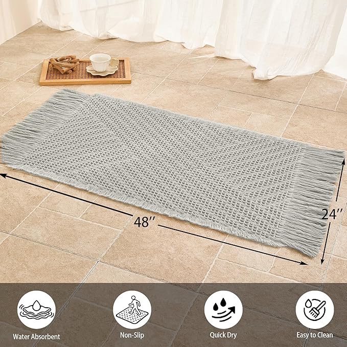 Waffle Bath Mat Non Slip, Boho Runner Rug, Super Absorbent Quick Dry Long Bath Runner Bathroom, Soft Farmhouse Bath Rug with Tassels, Washable Shower Mats for Floor 24"x48", Tassels Light Grey