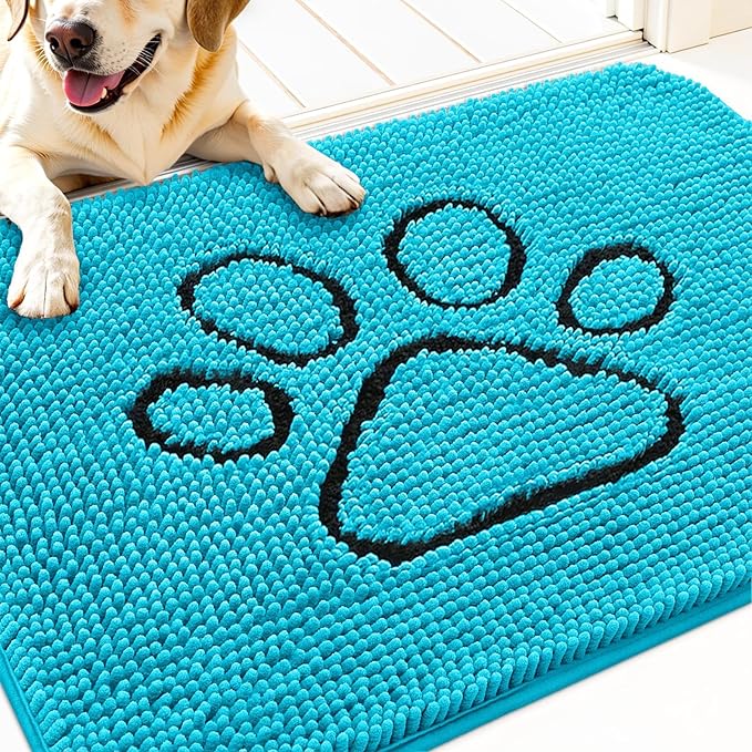OLANLY Dog Door Mat for Muddy Paws 30x20, Paw Print Design, Absorbs Moisture and Dirt, Absorbent Non-Slip Washable Doormat, Quick Dry Chenille Mud Mat for Dogs, Entry Indoor Entryway Carpet, Aqua Blue