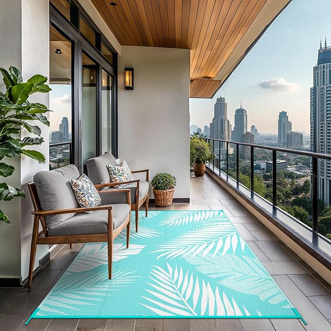 GENIMO Outdoor Rug 9' x 12' Waterproof for Patios Clearance, Reversible Outdoor Plastic Straw Camping Rug Carpet, Large Area Rugs Mats for RV, Camper, Deck, Balcony, Porch, Beach, Aqua Blue&White