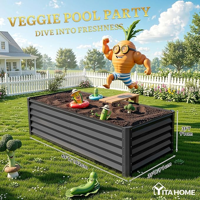 YITAHOME 6x3x3ft Large Raised Garden Bed Kit, Galvanized Metal Planter Box with Gloves, Support Rod, Outdoor Above Ground Planters for Plants Vegetables Flowers, Black