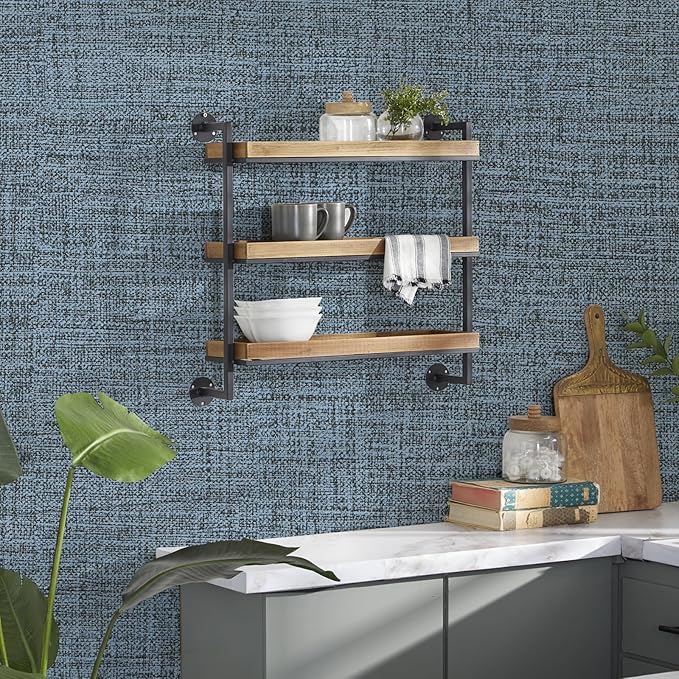 Blue Gray Grasscloth Peel and Stick Wallpaper 17.3"x120" Faux Linen Textured