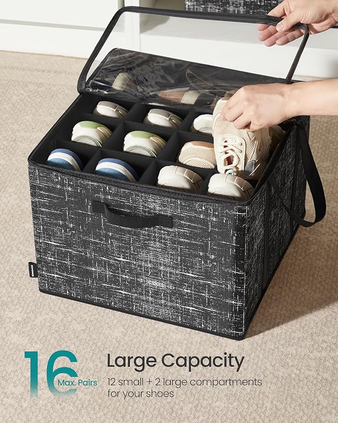 SONGMICS Shoe Organizer for Closet, Fits 16 Pairs, Shoe Storage Bin, Fabric Container with Handles and Clear Cover, for Bedroom, Entryway, Closet, Ink Black ULSP601B01