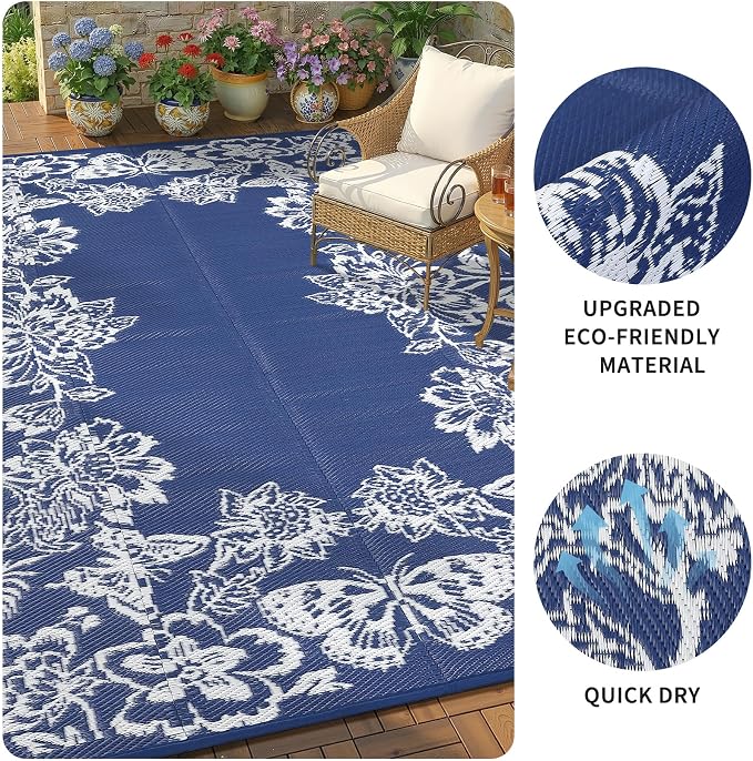 Garvee 5’x8’ Waterproof Patio Outdoor Rug, Outdoor Plastic Straw Rug for Camping, RV Mat Outside, Indoor Outdoor Carpet for Porch, Deck, Backyard, Balcony, Picnic, Navy & White