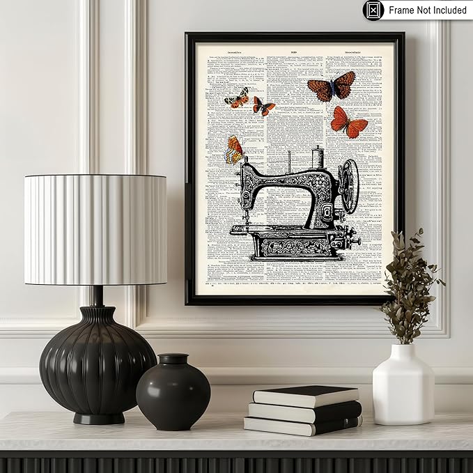 Poster Master Dictionary Art Poster - Sewing Machine Print - Sewing & Butterfly Art - Gift for Men, Women & Dressmaker - Chic Decor for Living Room, Bedroom or Office - 8x10 UNFRAMED Wall Art