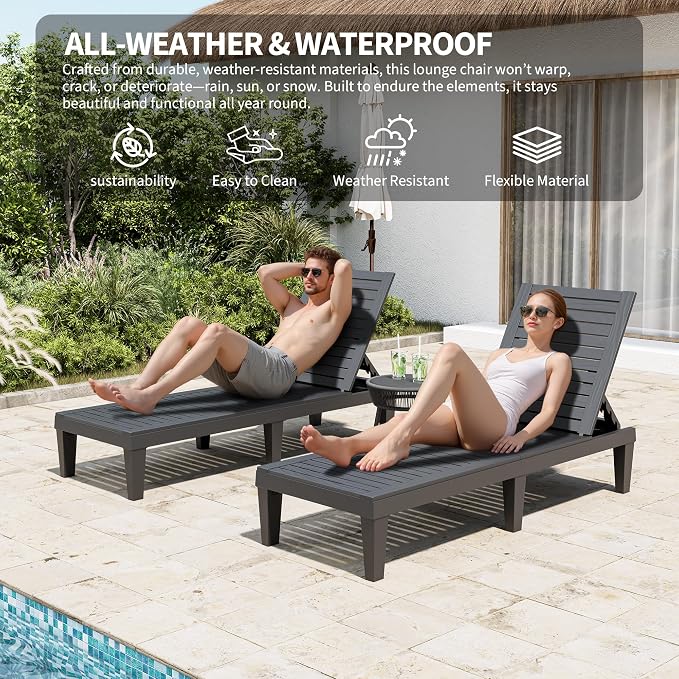 Outdoor Lounge Chair Set of 2 with 1 Black Side Table, 5-Positions Adjustable Patio Chaise Lounge with End Table, Waterproof Pool Lounge Chairs for Poolside, Backyard, Striped Black