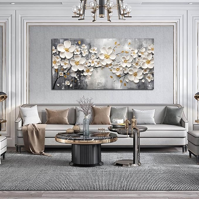 White Flower Pictures Wall Art for Bedroom - Floral Wall Decor for Office Women - Girls Wall Decor for Bedroom Size 24" x 48"
