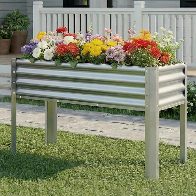 2Pcs Galvanized Raised Garden Bed with Legs, 48×24×32in Large Metal Elevated Raised Planter Box with Drainage Holes for Backyard, Patio, Balcony, 400lb Capacity,Sliver