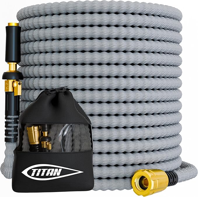 TITAN Flexible Garden Hose 25FT – Ultra Lightweight, Heavy Duty Water Hose with Brass Fittings & Jet Nozzle – Kink-Free, Non-Expanding, Durable Fabric Hose for Yard, Lawn, Car Wash, Outdoor Use