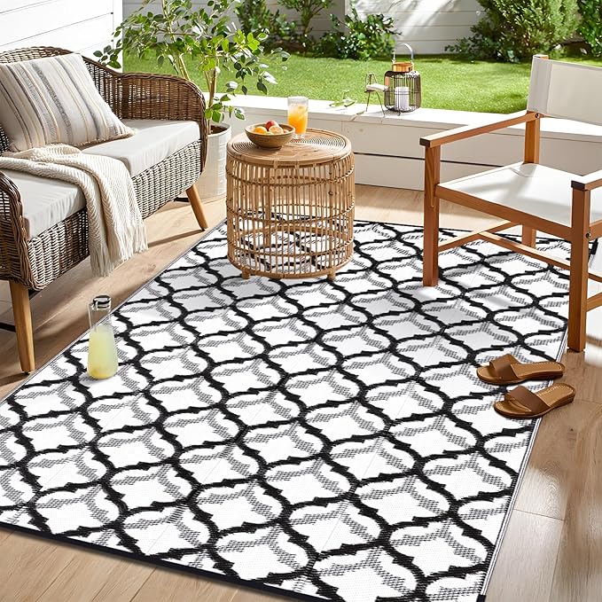 OLANLY Reversible Outdoor Rug 6x9 ft Clearance, Waterproof Outdoor Plastic Straw Rug with Interlacing Pattern, RV Mat for Patio, Camping, Balcony, Deck, Backyard, Black & White