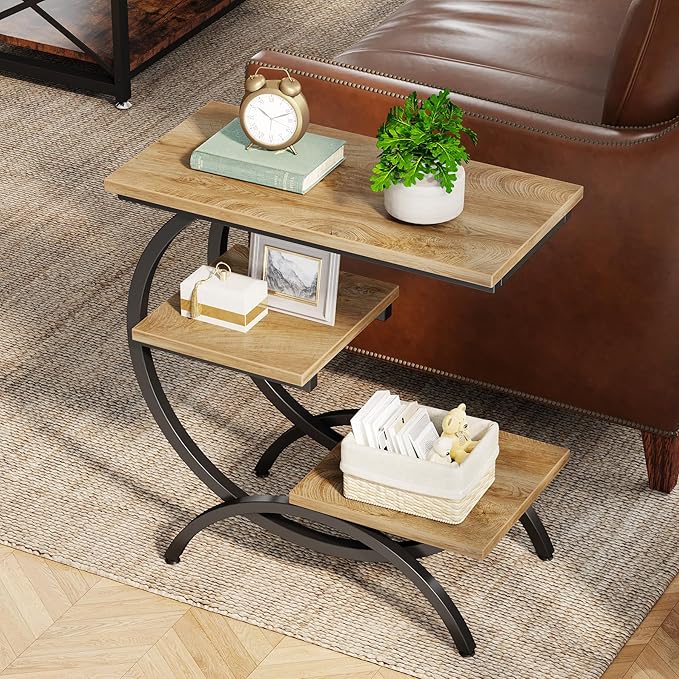 Tribesigns C-Shaped End Table, Industrial 3-Tier Small Side Table for Couch, Wood Bedside Table Snack Side Table with Storage Shelves for Living Room Small Space, Light Brown