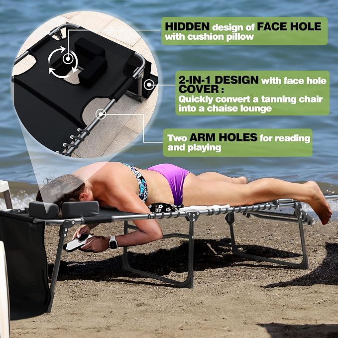 MUPATER Patio Chaise Lounge Chair for Outdoor with Face Hole, 4-Fold Ajustbale Backrest, Removable Pillow and Detachable Pocket, Portable Sun Lounger Recliner for Beach, Camping and Pool, Black