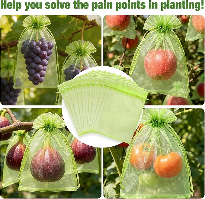 100 Pcs Drawstring Fruit Protection Bags, 6×9 Inch Green Mesh Fruit Net Covers, Anti-Bird Anti-Insect Garden Protective Bags for Fruit Tree, Tomato, Strawberry, Apple, Cherry, Grapes and Vegetables