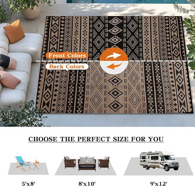 Wallona Outdoor Rugs 9x12 ft Patio Waterproof Clearance Indoor Outdoor Large Carpet for Patio Plastic Straw Reversible Area Rugs Mat for RV, Camping, Balcony, Beach, Picnic, Porch, Boho Black & Brown
