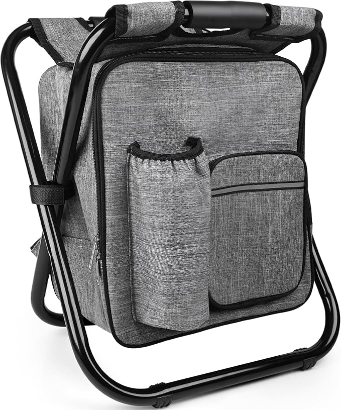 Kikerike Backpack Stool Cooler Chair Heavy Duty 300 LBS Max Load Portable Lightweight Stool Backpack Folding Fishing Cooler Seat for Camping Hunting Fishing - Gray