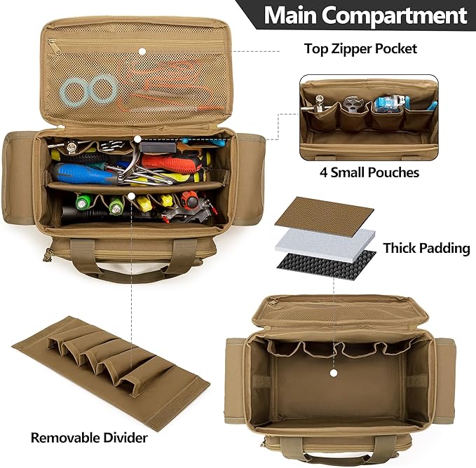 Rexmica Small Tool Bag with Anti-friction and Thick Padded Bottom, Tool Storage Organizer for Men, Tactical Bag, Range Bag, Multi-functional Work Tote for Repairman, Electrician, Carpenters (Khaki)