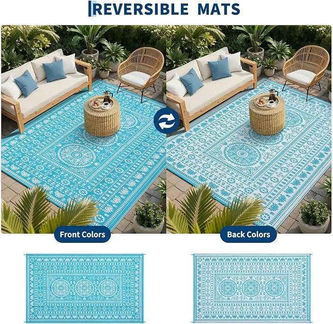 Garvee Reversible Outdoor Rug 6x9 for Patio, Waterproof Outdoor Area Rug, Modern Medallion Indoor Outdoor Rugs, Plastic Straw Rug for RV, Camping, Deck, Vintage Blue