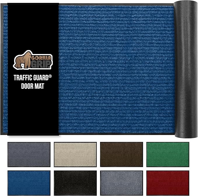 GORILLA GRIP Traffic Guard Door Mat, Heavy Duty Welcome Mats, Commercial Office Space Doormat, Waterproof, Fade Resistant, Strong Rubber Backing, Low Profile, Shoe and Boot Scraper, 29x17, Blue