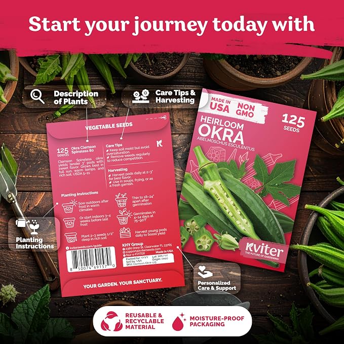 KVITER 125 Clemson Spineless 80 Okra Seeds for Planting (Abelmoschus esculentus) – Heirloom Okra, Spineless Pods, Heavy Yields – Vegetable Seeds to Plant in Outdoor Garden