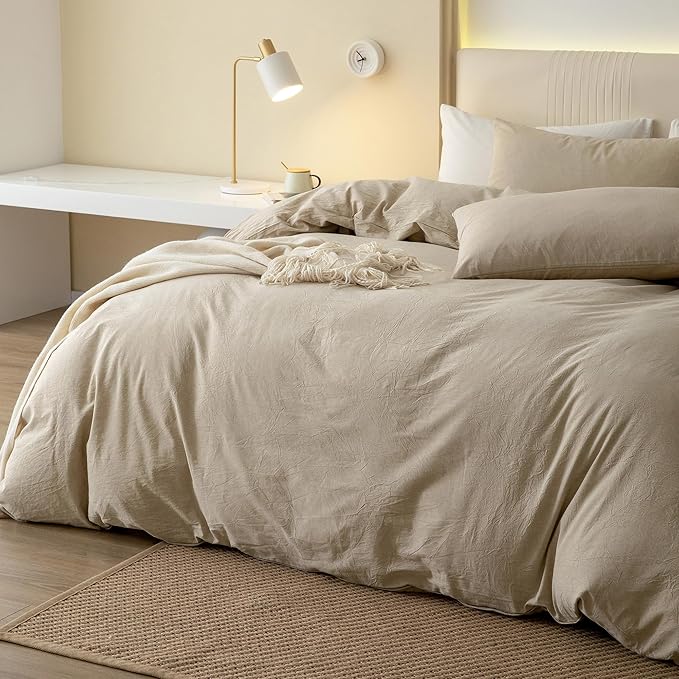 JIYUAN 100% Washed Cotton Duvet Cover Set 2 Pieces Twin, 1 Duvet Cover 68x90 Inches(Comforter Not Included) and 1 Pillowcases,Linen Feel Bedding Set Comfy and Breathable, Heathered Tan