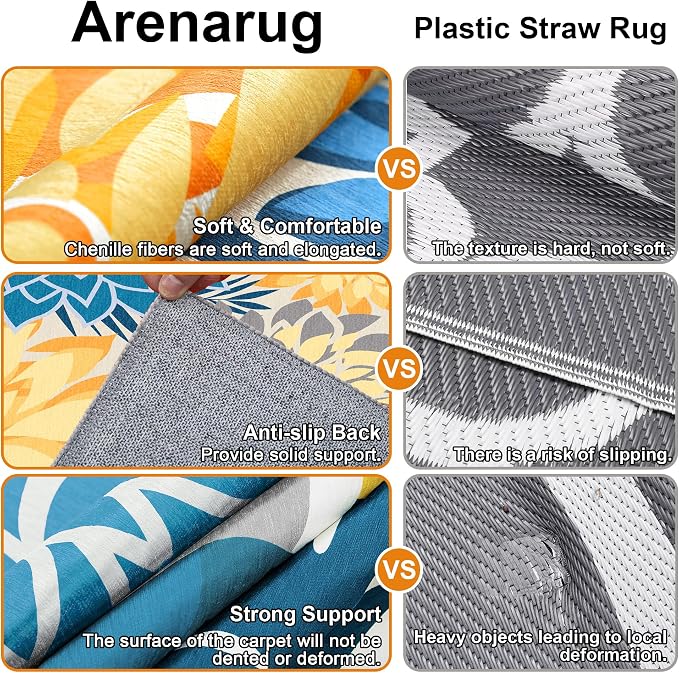 Colorful 4x6 Outdoor Area Rug Washable Rugs Multicolored Patio Rug Tropical Botanical Floral Chenille Outdoor Carpet Non Slip for RV, Pool Deck, Backyard, Porch, Ocean Dahlia