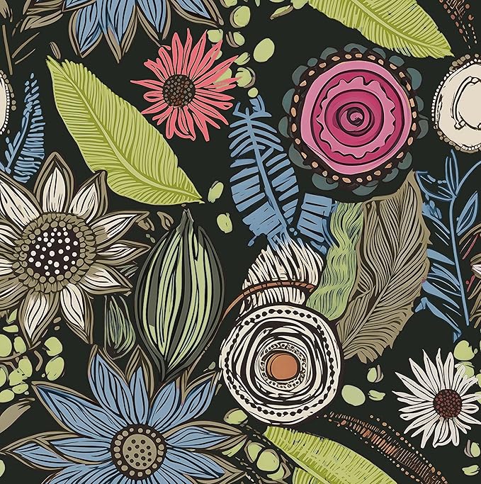 Boho Wallpaper Peel and Stick, Dark Green Vintage Floral Contact Paper