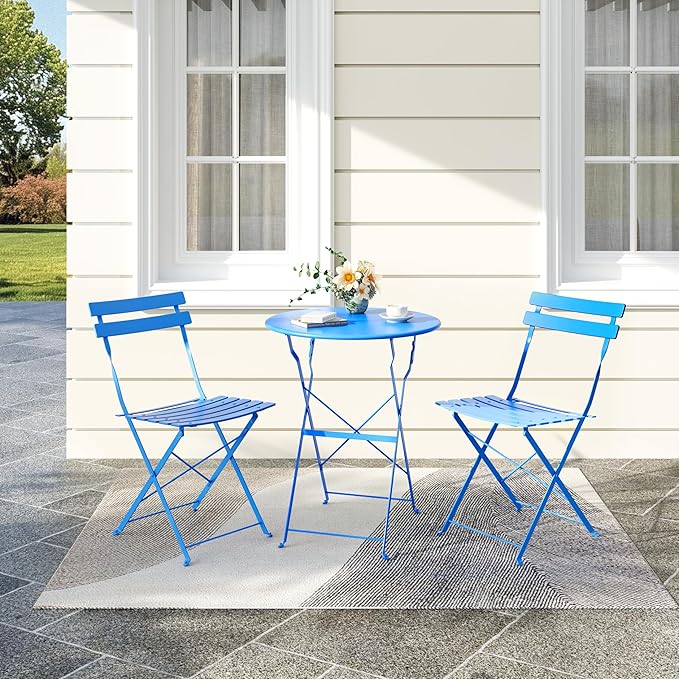 Premium Steel Frame Patio Bistro Set, 3-Piece Outdoor Folding Table and Chairs, Weather Resistant Conversation Sets of 2, Space Saving Patio Furniture for Backyard Balcony Porch Garden, Blue