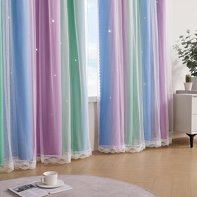 XiDi Curtains for Bedroom Decor, Rainbow Green PurpleBlue52/90/1
