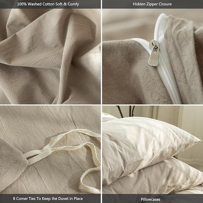 MooMee Bedding Duvet Cover Set 100% Washed Cotton Linen Like Textured Breathable Durable Soft Comfy (Solid Light Camel, Twin 68"x90")