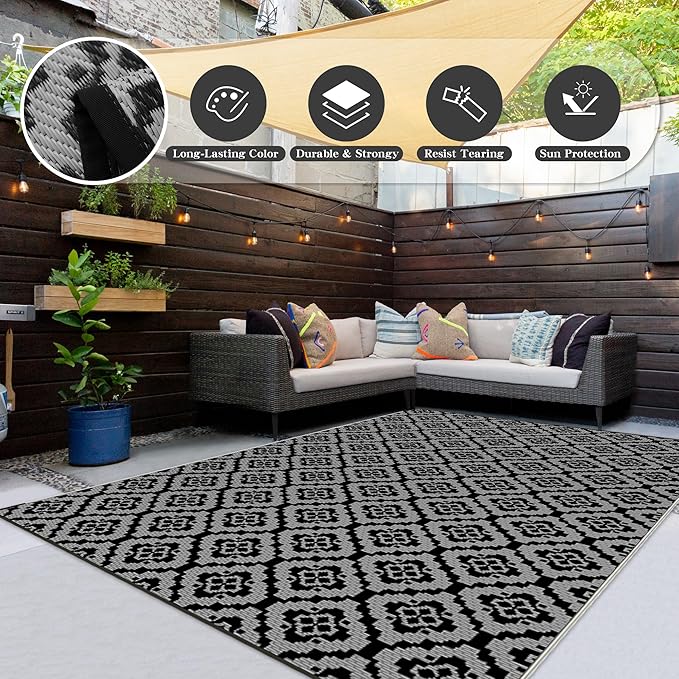 Wallona Outdoor Rugs 5x8 ft Patio Waterproof Clearance Indoor Outdoor Carpet for Patio Plastic Straw Reversible Area Rugs Mat for RV, Camping, Balcony, Beach, Picnic, Porch, Brick Black & Grey