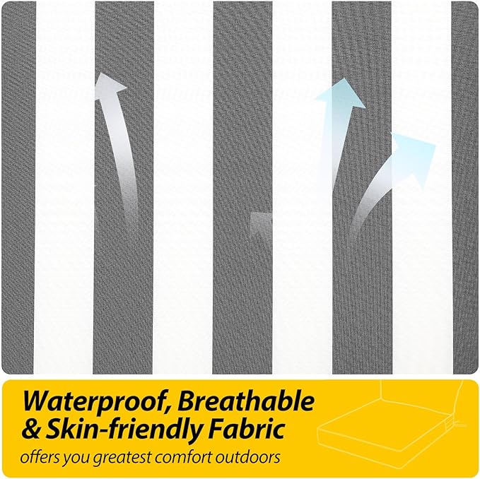 AAAAAcessories Outdoor Seat Cushions for Chairs, Fade-Resistant, Waterproof Patio Furniture Replacement Cushions, 25.5" x 25.5" x 5" + 25.5" x 13.5", Gray Cabana Stripe