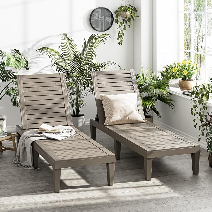 Outdoor Lounge Chairs Set of 2, 5-Position Adjustable Tanning Chairs with Wood Grain, All-Weather Resin Patio Recliners for Pool, Garden, Deck, Beach, Patio Lounge Chairs, Texture Grey