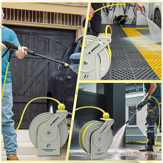 M MINGLE Retractable Pressure Washer Hose Reel, 1/4" × 60ft Power Washer Hose Reel, Auto Rewind Hose Reel, Wall/Floor Mounted, 3600 PSI