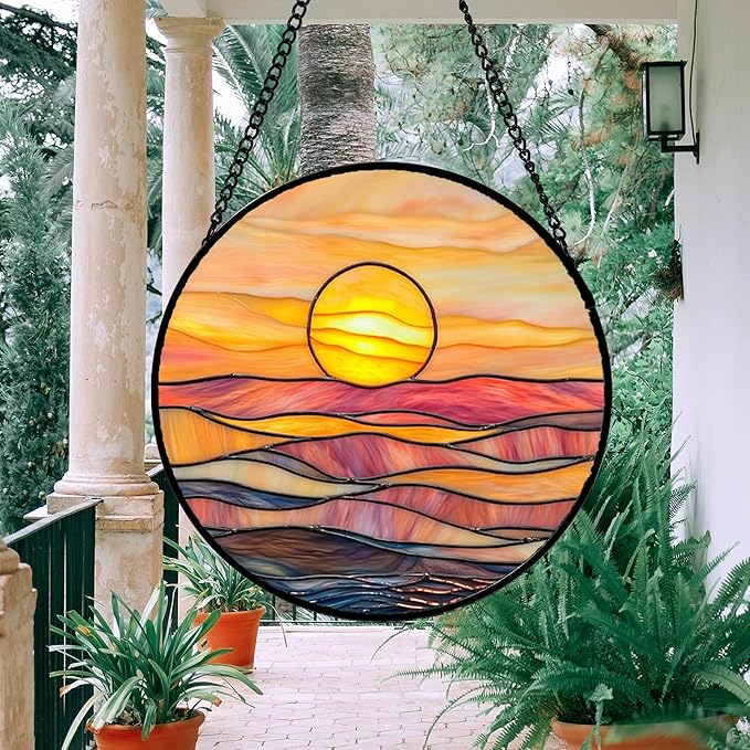 Stained Glass Window Hanging, Orange Sunrise Suncatcher Diamond Glass Panel Hangings Scenery Sun Catchers Decor for Birthday for Women, Men, Wife, Aunt, and Mom 6.3x6.3 in