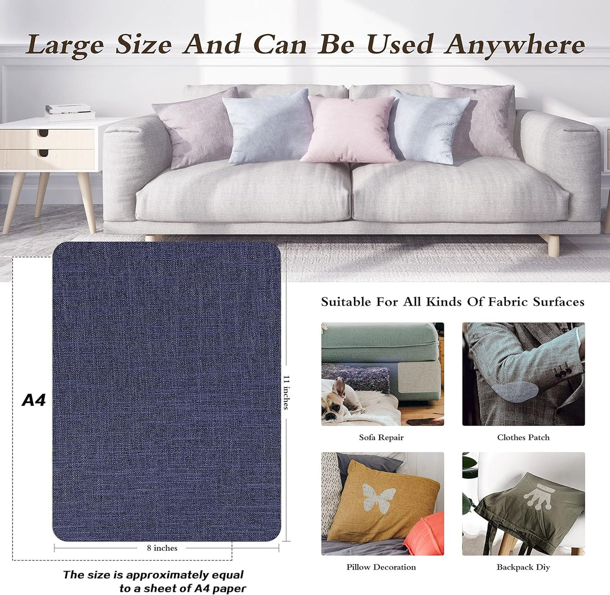 Fine Linen Repair Patches, Self-Adhesive Linen Fabric Patches, 8X11 inch Extra Size, Multi Color, Can be Used for Linen Sofa Repair and Linen Clothes Repair(8" x 11", Dark Blue 1.0)