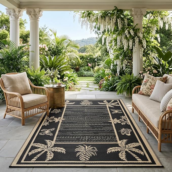 Garvee Outdoor Rug 8x10 Waterproof for Patios, Reversible Plastic Straw Rug, Tropical Leaf Indoor Outdoor Rugs, Large Area Rug for RV, Camping, Deck, Picnic Mat, Outside Carpet