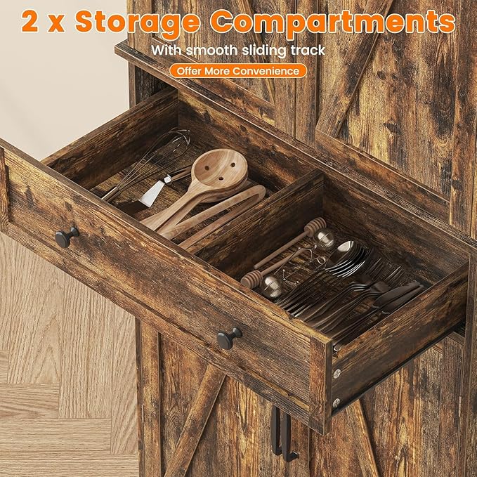 72" Tall Kitchen Pantry Cabinet, Rusty-Brown Pantry Storage Cabinet with Adjustable Shelves, Barn Doors and Drawer Farmhouse Cupboard for Kitchen, Dining Room, Bathroom (16" D x 30" W x 72" H)
