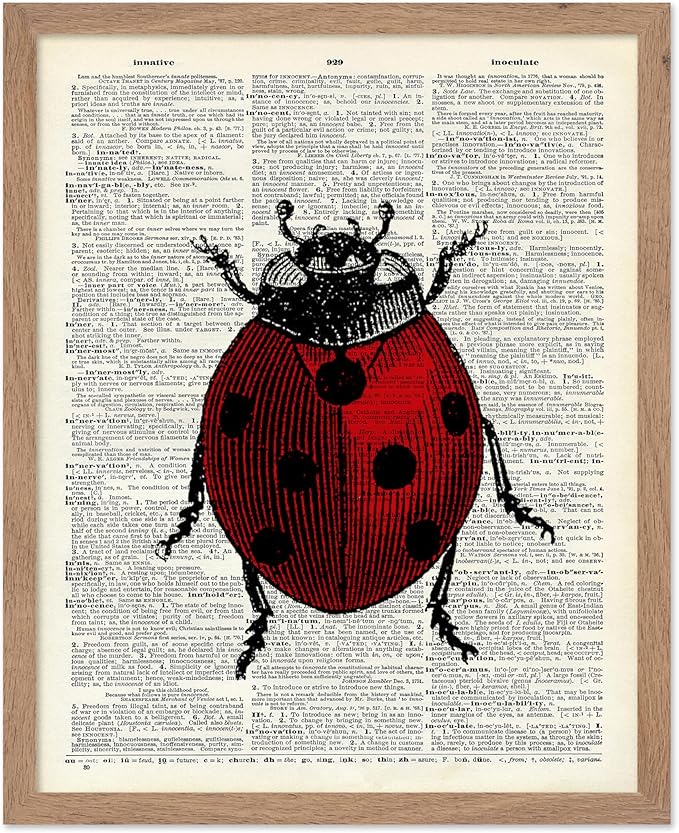 Poster Master Dictionary Art Poster - Retro Ladybug Print - Insect Art - Red Bug Art - Gift for Men, Women & Animal Lover - Minimal Decor for Living Room & Kid's Room, 8x10 Beige Framed
