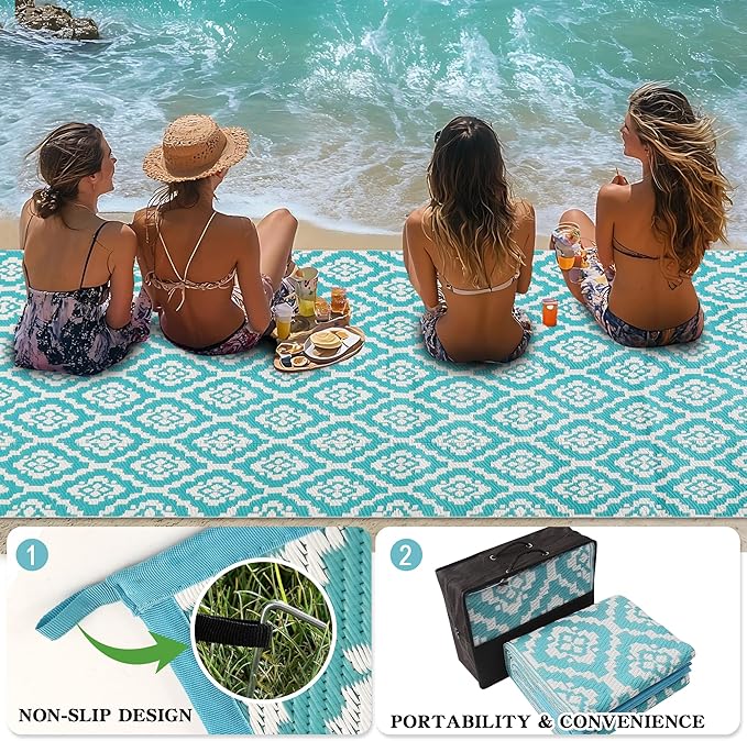 Wallona Outdoor Rugs 9x12 ft Patio Waterproof Clearance Indoor Outdoor Large Carpet for Patio Plastic Straw Reversible Area Rugs Mat for RV, Camping, Balcony, Beach, Picnic, Porch, Brick Green & White