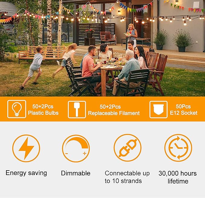 ZOTOYI Outdoor String Lights 100 FT, Waterproof IP65 LED Patio Lights with 52 ST38 Shatterproof Bulbs(2 Spare), Dimmable String Lights for Outside, Cafe, Bistro, Backyard, Garden Warm White