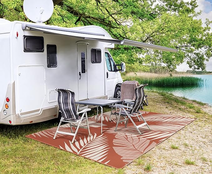 GENIMO Outdoor Rug 5' x 8' Waterproof for Patios Clearance, Reversible Plastic Straw Camping Carpet, Large Area Rugs Mats for RV, Picnic, Backyard, Deck, Balcony, Porch, Beach, Brick&Red