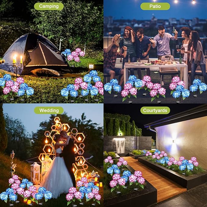 Solar Flower Lights - 2 Pack Waterproof Garden Lights with Solar Hydrangea Stake, Decorative for Patio, Courtyard, Garden Lawn (Blue & Rose Red)