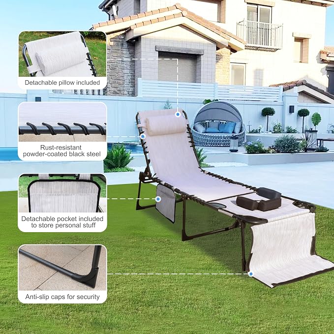 Outdoor Chaise Lounge Chair with Face Hole and Arm Hole, Tanning Chair with 5 Position Adjustable Back, Foldable Lounge Chair with Detachable Pocket and Pillow for Beach, Pool, Cream White