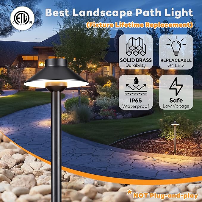 Solid Brass Landscape Path Lights - 12V Black Low Voltage Pathway Light IP65 Waterproof, Outdoor Walkway Fixture Hardwired, Hat-top for Patio Lawn G4 Bulb Not Included (10 Pack)
