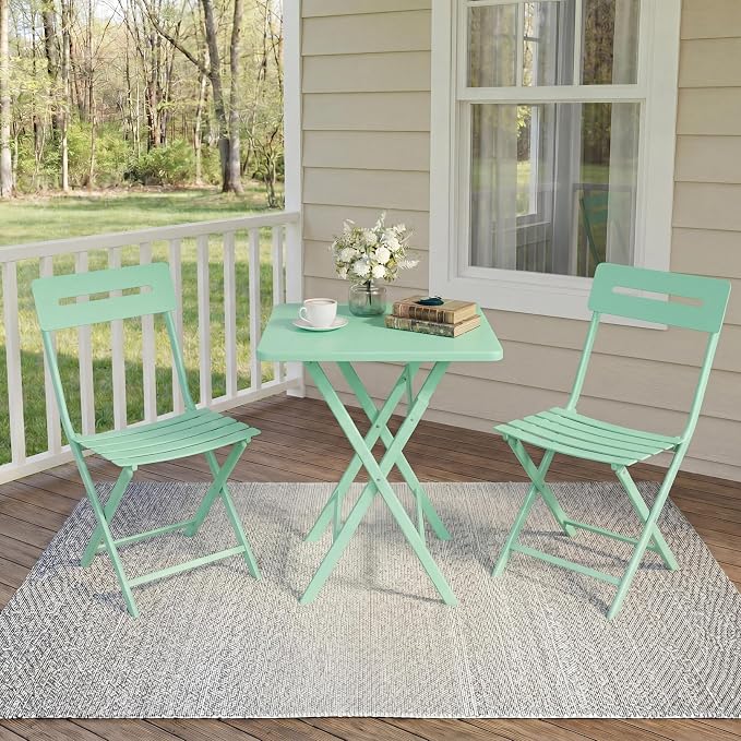 GarveeLife 3 Piece Outdoor Bistro Set, All Metal Patio Table and Chairs Set, Round Tube Iron Bistro Furniture Set for Balcony Porch Garden Cafe, Weather Resistant