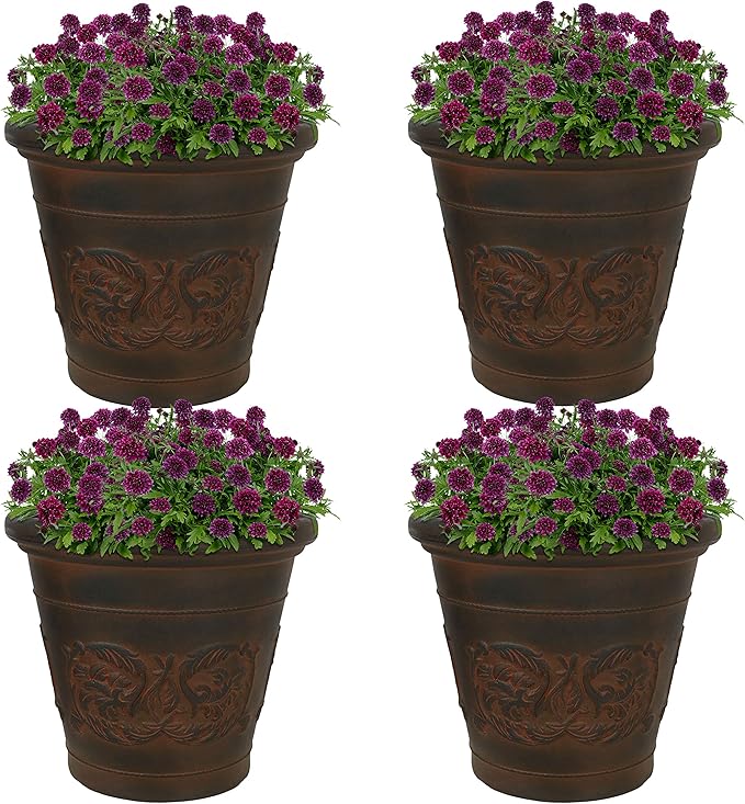 Sunnydaze 16-Inch Arabella Large Plastic Pot for Plants - Outdoor Double-Walled Polyresin Large Plastic Planter with Drillable Drainage Holes - Rust - 4-Pack