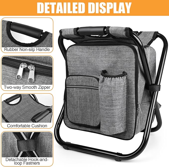Kikerike Backpack Stool Cooler Chair Heavy Duty 300 LBS Max Load Portable Lightweight Stool Backpack Folding Fishing Cooler Seat for Camping Hunting Fishing - Gray