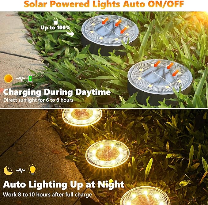 Joomer Solar Ground Lights, 12 Pack 8 LED Solar Lights Outdoor Waterproof IP68 Disc Light Landscape Lighting Garden Light for Patio Pathway Lawn Yard Driveway Walkway(Warm White)