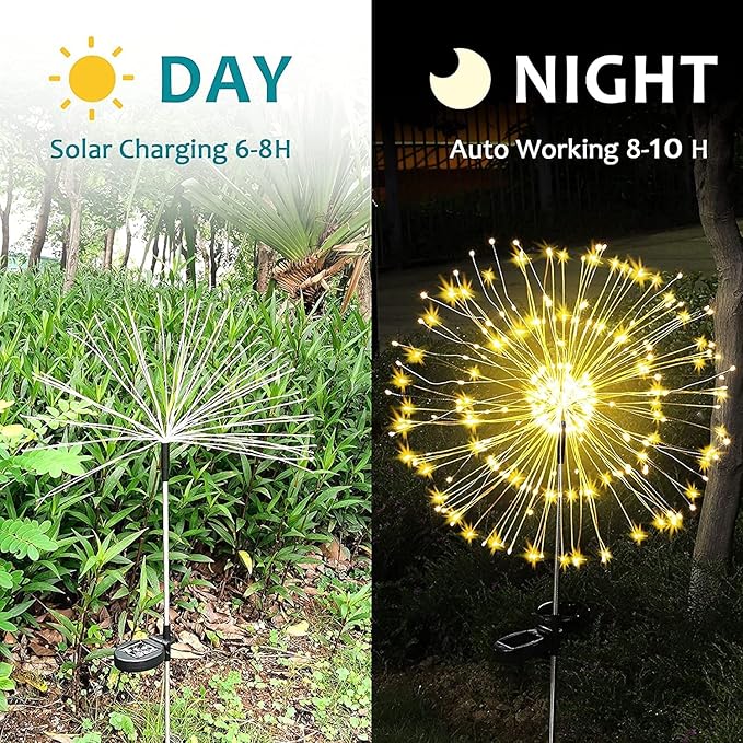 JJGoo Solar Firework Lights, 2 Pack 180 LEDs 2 Lighting Modes Solar Lights Outdoor Waterproof for Garden Patio Walkway Pathway Party Wedding Christmas Decorative - Warm White