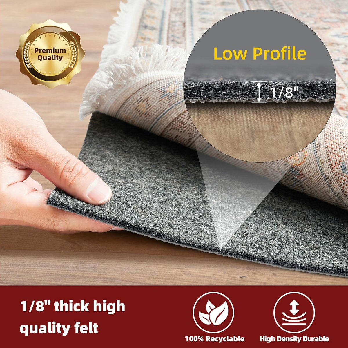 BAGAIL Felt and Natural Rubber Backing Rug Pads 1/8” Thick, 9 x 12 Ft Non Slip Rug Gripper Keep Rugs in Place, Under Area Rug Protective Cushioned Pads, Carpet Runners, Hardwood Floors Protection