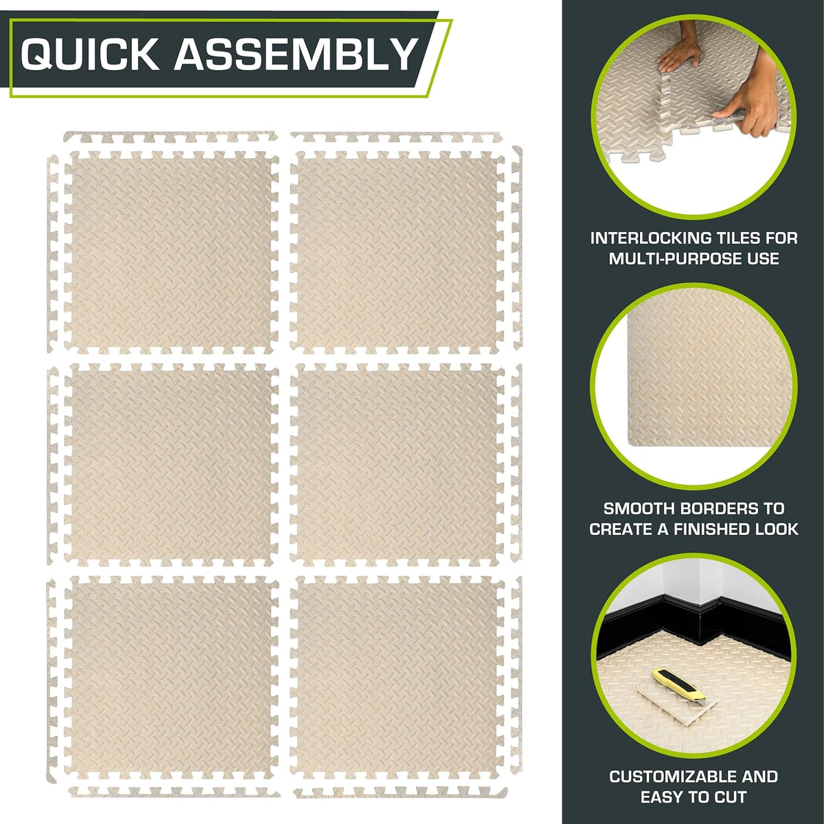 ProsourceFit Puzzle Exercise Mat - ½ Inch EVA Interlocking Foam Tiles for Home Gym | Cream, 24" x 24" (6 Tiles)